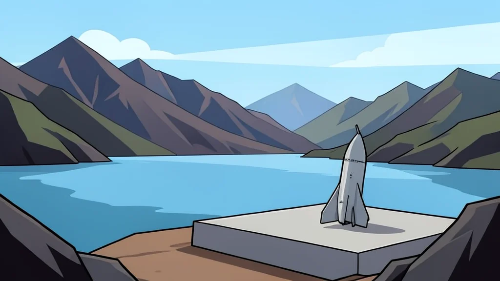 A rugged mountainous landscape overlooking a calm body of water, with a single sleek missile resting on a concrete launch pad in the foreground.