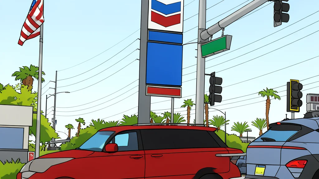 A gas pump nozzle resting on a concrete island under a bright sky