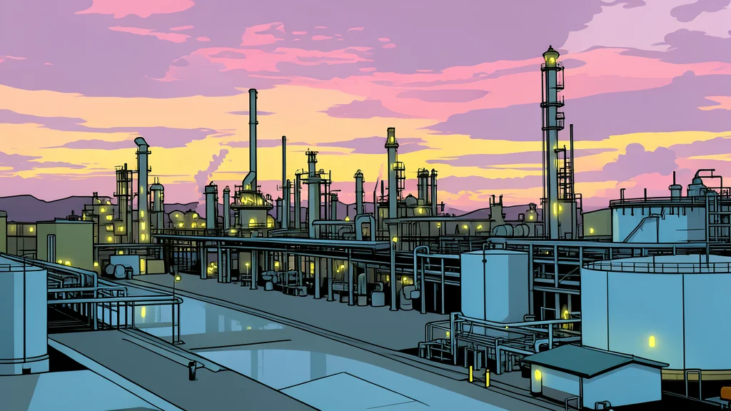 A large industrial oil refinery with tall distillation towers and complex piping against a clear sky