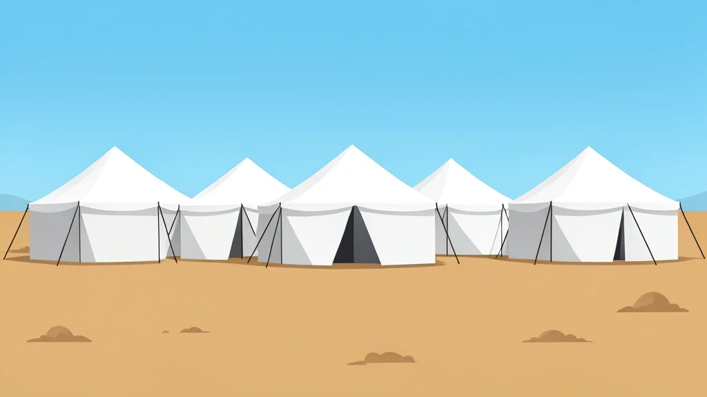 A row of white canvas tents set up in a dusty, open field under a clear sky