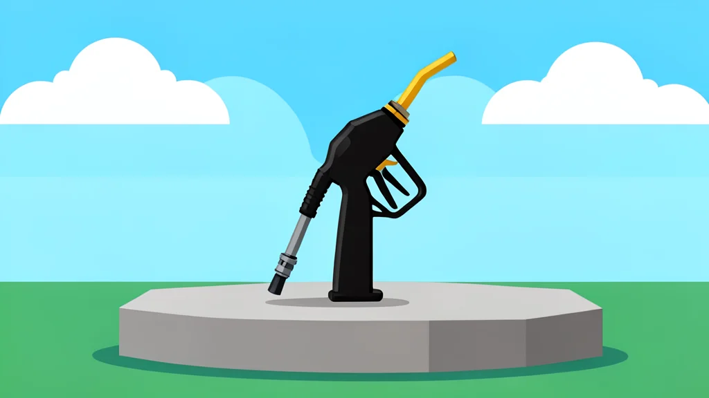 A gas pump nozzle resting on a concrete island under a bright sky