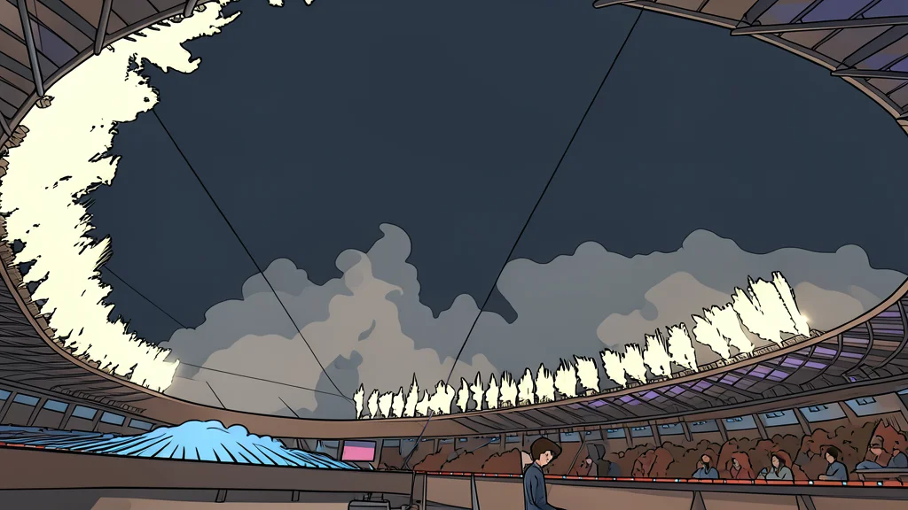 A large, modern stadium with empty seats under a cloudy sky