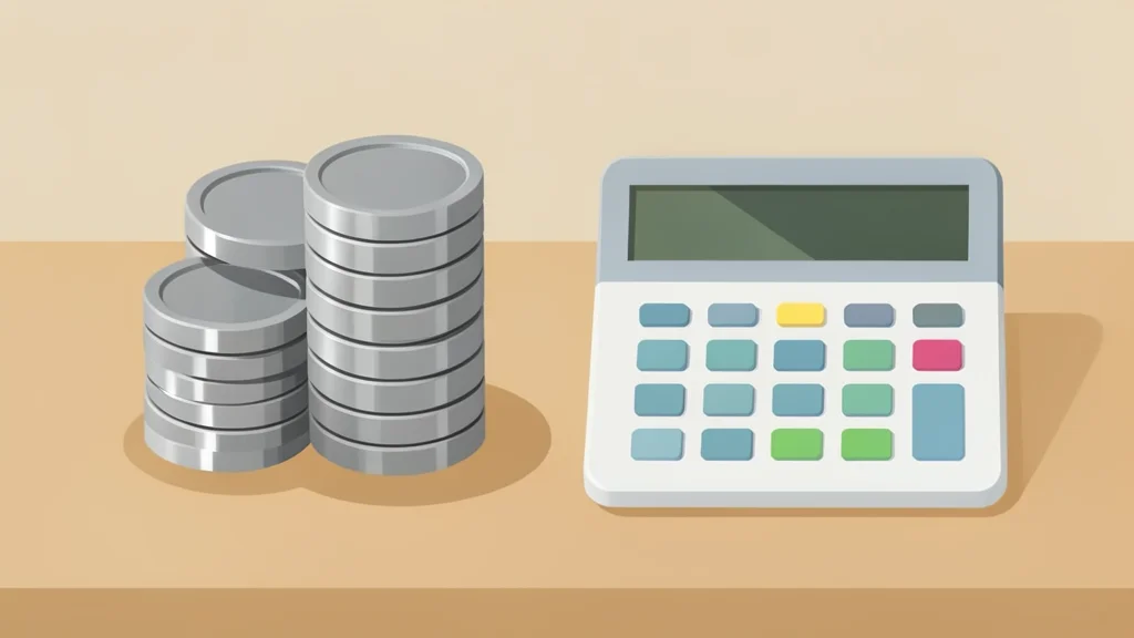 A stack of coins and a calculator on a desk
