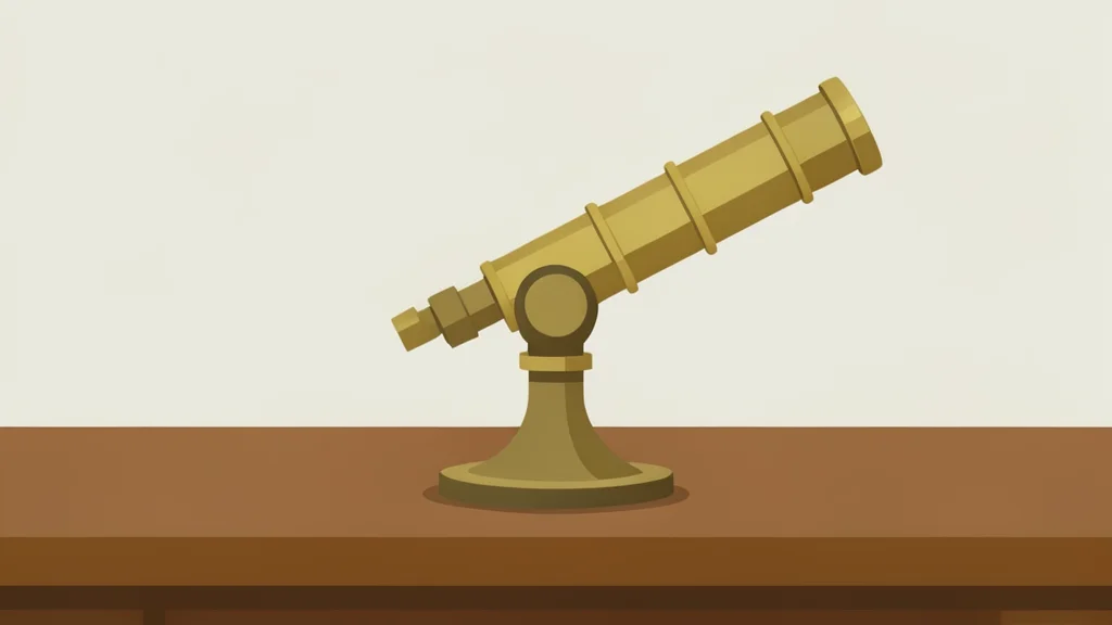 A vintage brass telescope resting on a wooden desk