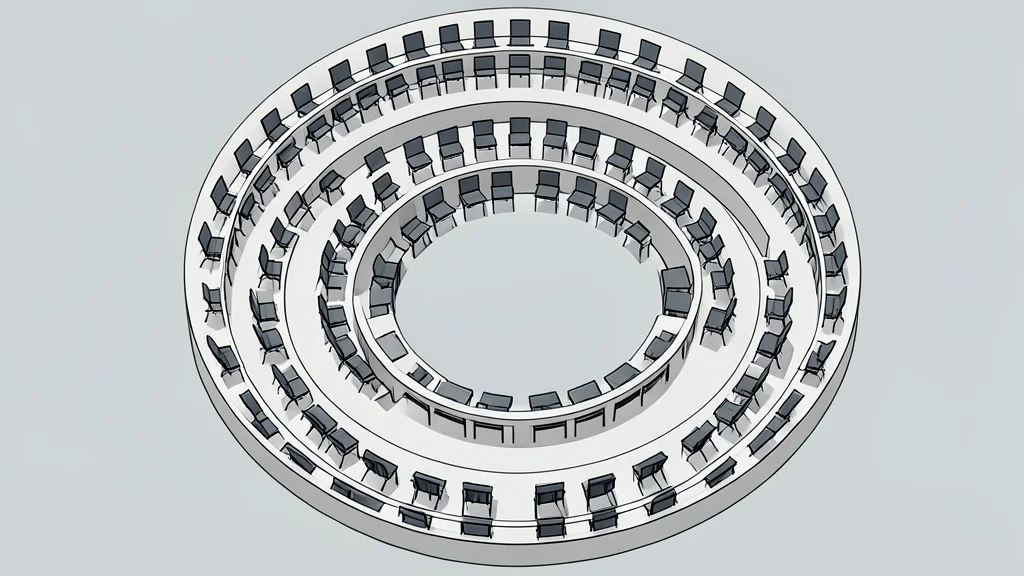 A large, circular assembly hall with empty chairs arranged in concentric rings, viewed from a high angle.