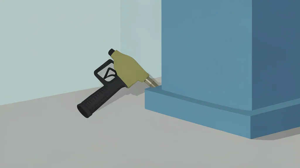 A gas pump nozzle resting on a concrete surface next to a fuel tank
