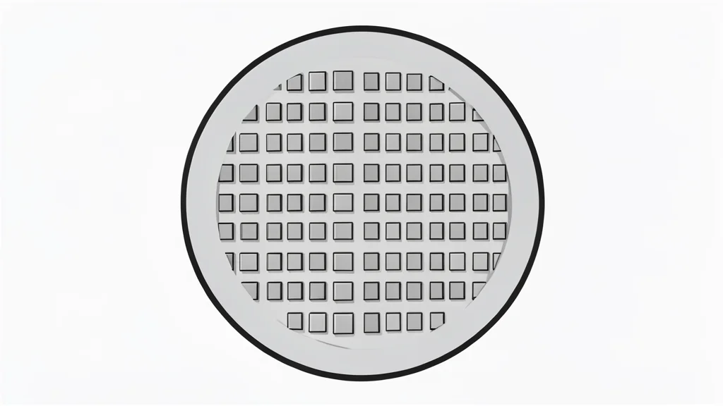 A close-up view of a silicon wafer with a grid of square chips