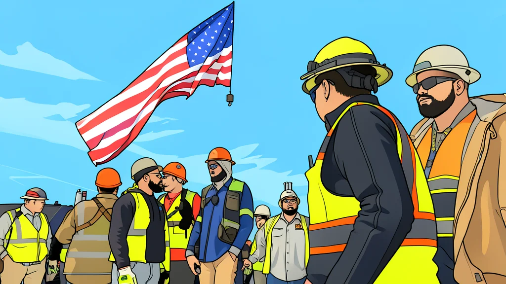 A construction worker wearing a hard hat and safety vest standing in front of a large industrial building under construction