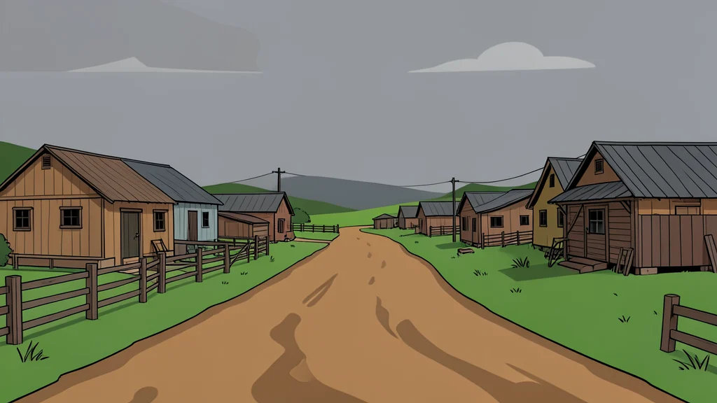 A rural landscape featuring dirt roads and simple wooden structures under an overcast grey sky