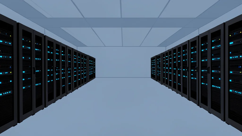 A vast, empty server room with rows of black rectangular units and glowing blue status lights