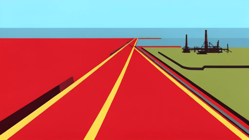 A red sea strait with shipping lanes and a distant oil refinery
