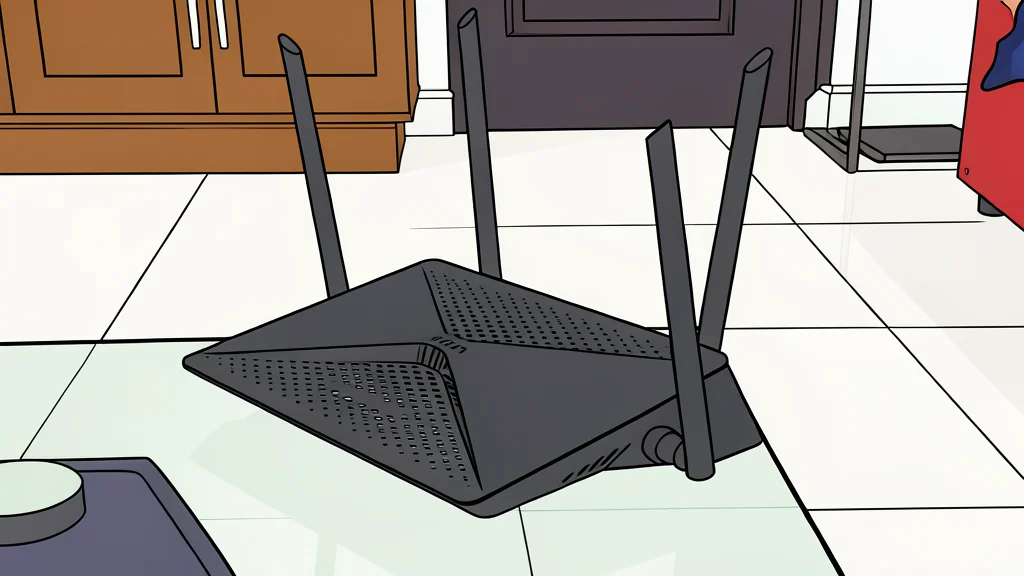 A white plastic wireless router with two vertical antennas sitting on a wooden desk next to a potted plant