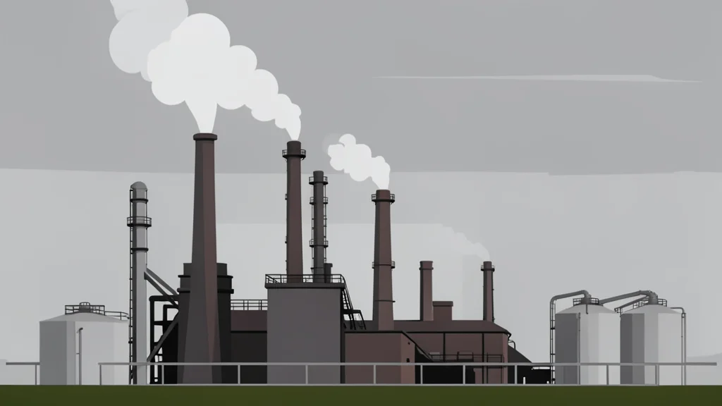 A large industrial oil refinery complex with smokestacks and storage tanks under a grey sky