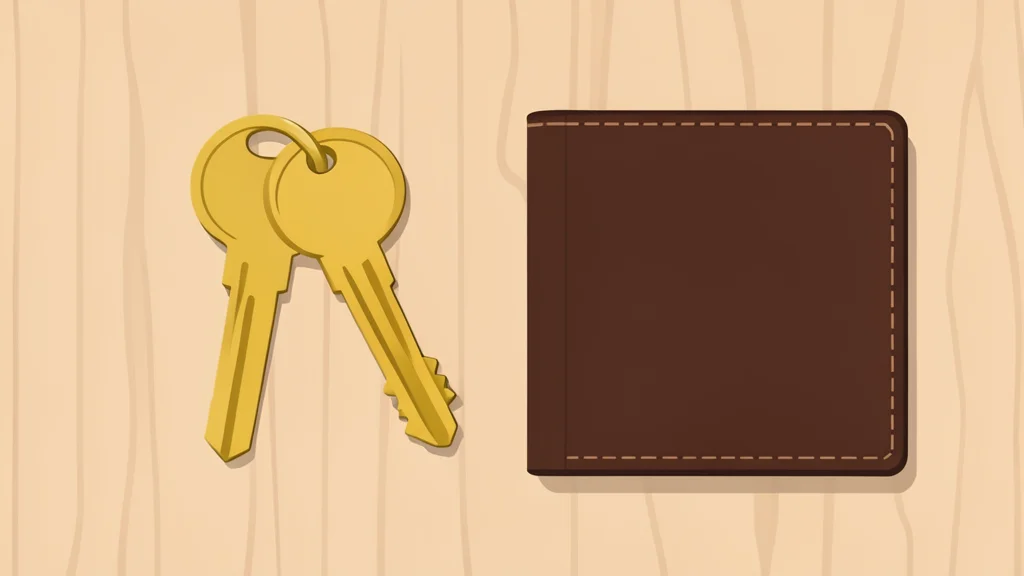 A set of brass house keys resting on a wooden table next to a closed leather wallet