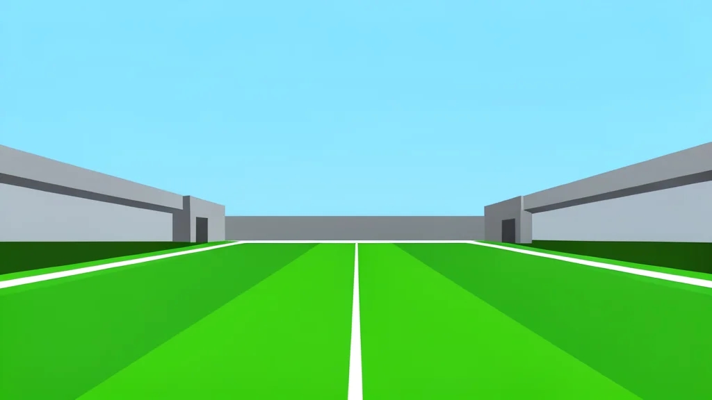 A wide-angle view of a green football field with white yard lines stretching toward a clear blue sky.