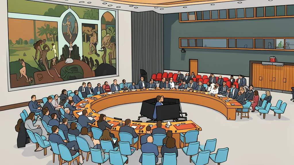 A large, circular wooden table with empty chairs arranged around it in a grand hall