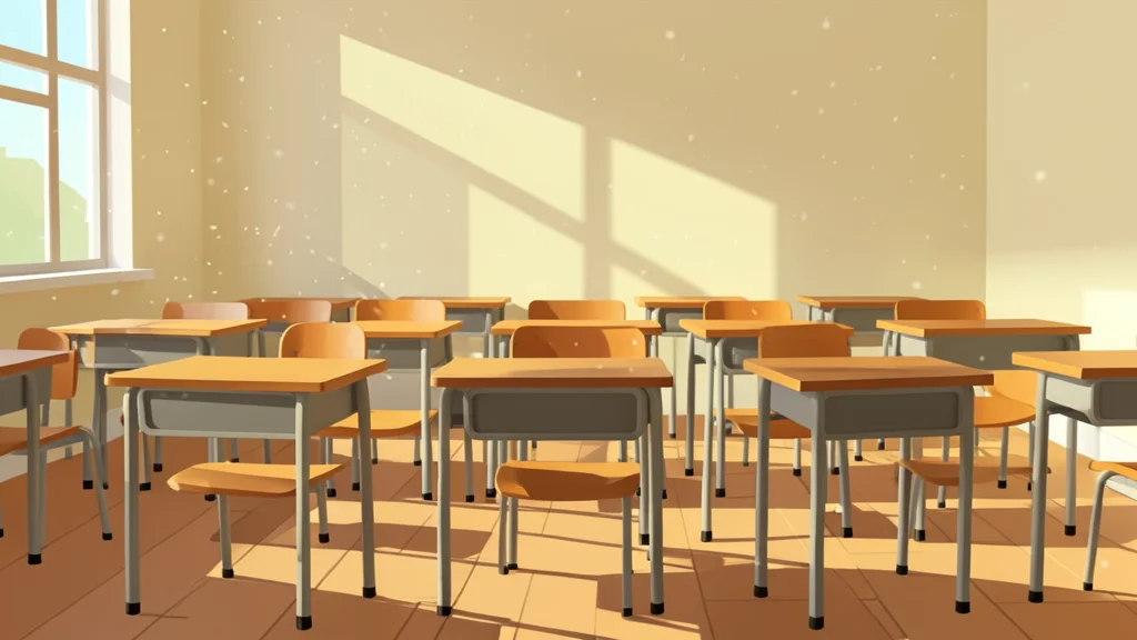 A row of empty wooden school desks in a sunlit room with dust motes floating in the air