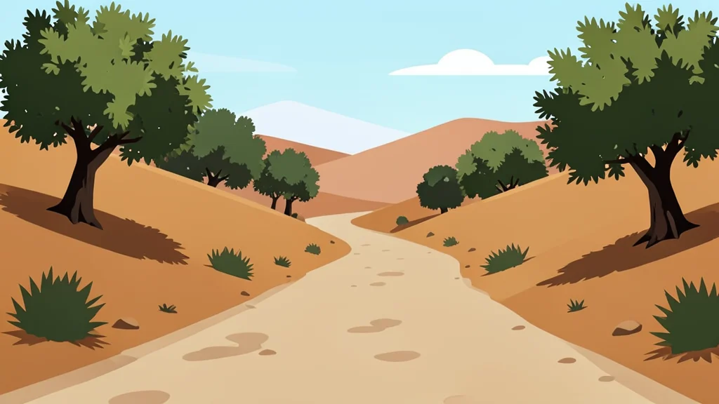 A dusty unpaved road winding through arid hills with olive trees in the background