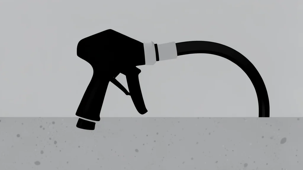 A gas pump nozzle resting on a concrete surface next to a fuel hose