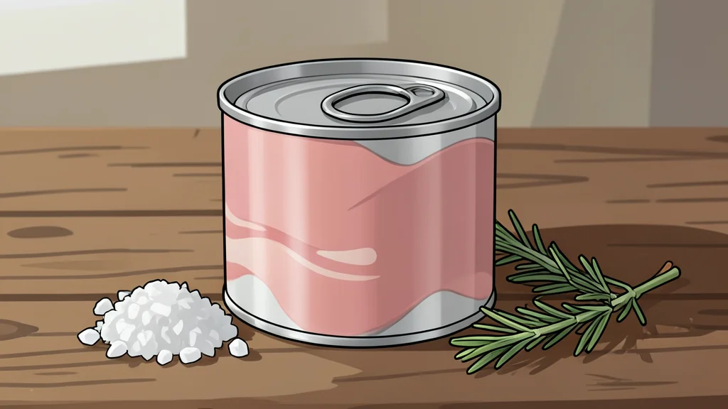 A stack of canned meat products on a wooden shelf