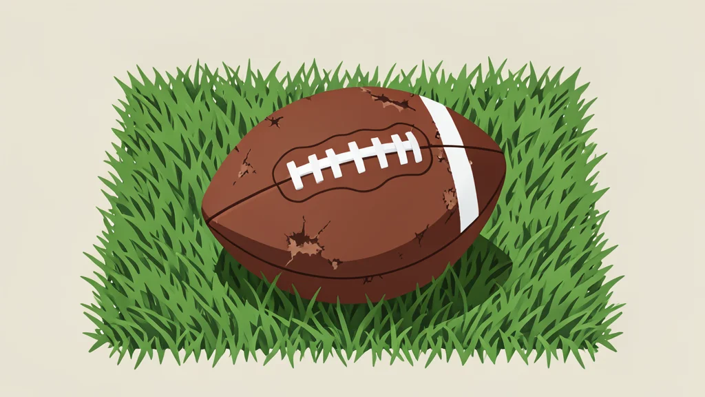 A worn leather football resting on green artificial turf