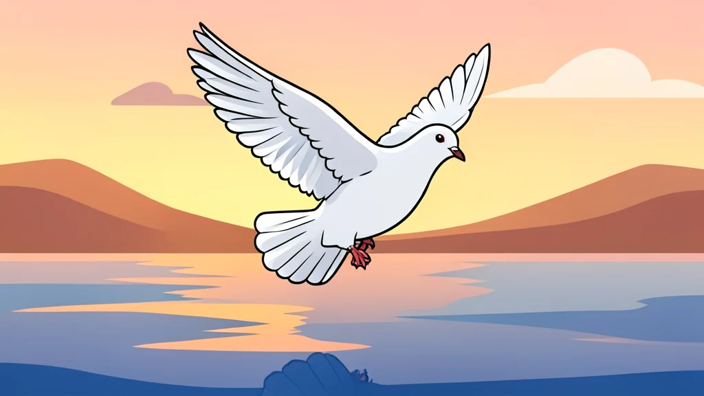 A white dove flying over a calm body of water at dawn