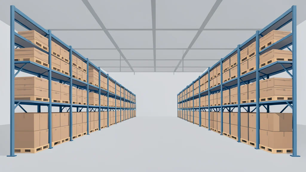 A large industrial warehouse interior with rows of shelving and pallets