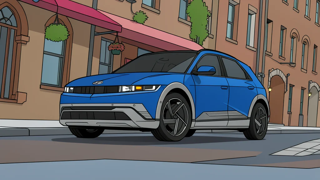 A modern electric crossover vehicle parked next to a high-voltage charging station with a cable plugged into the side port