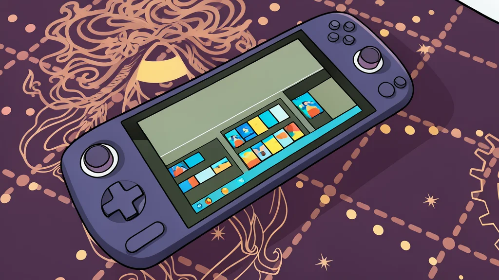 A compact handheld gaming device resting on a wooden desk next to a small external hard drive