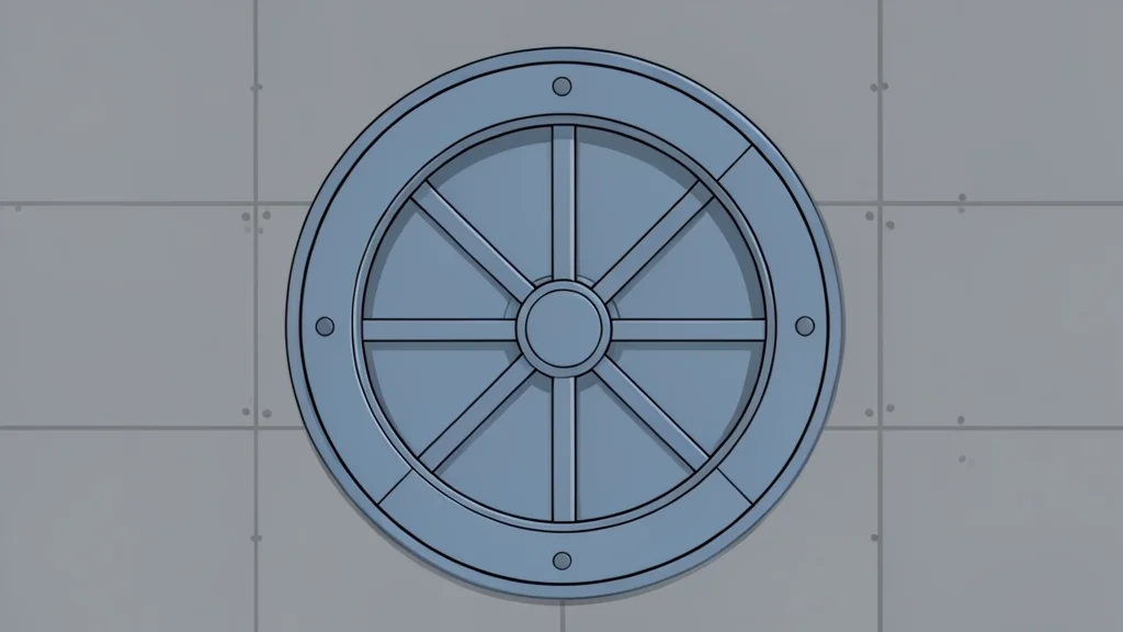 A heavy steel vault door with a circular locking mechanism