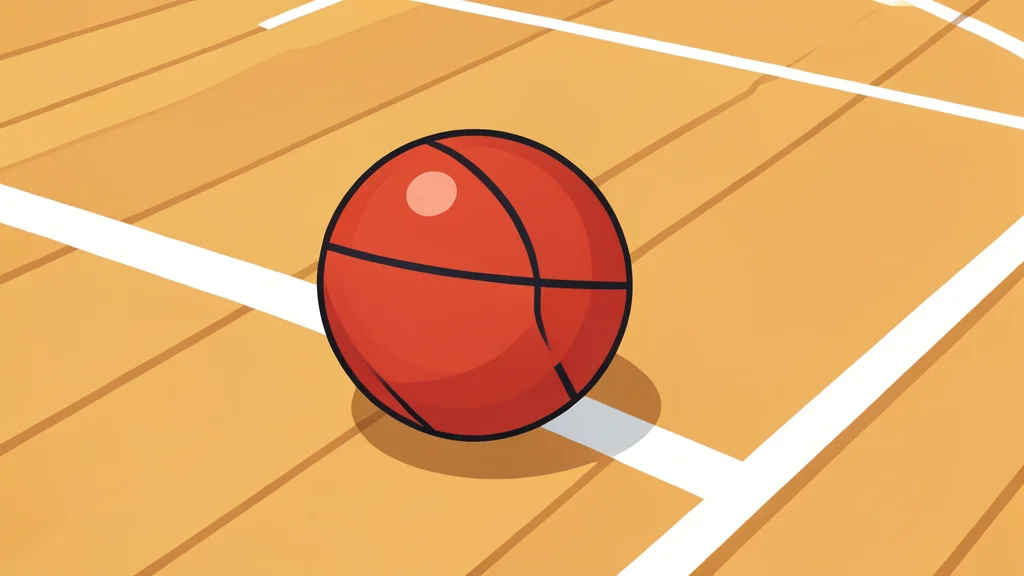 A polished basketball resting on a wooden court floor near the painted key area