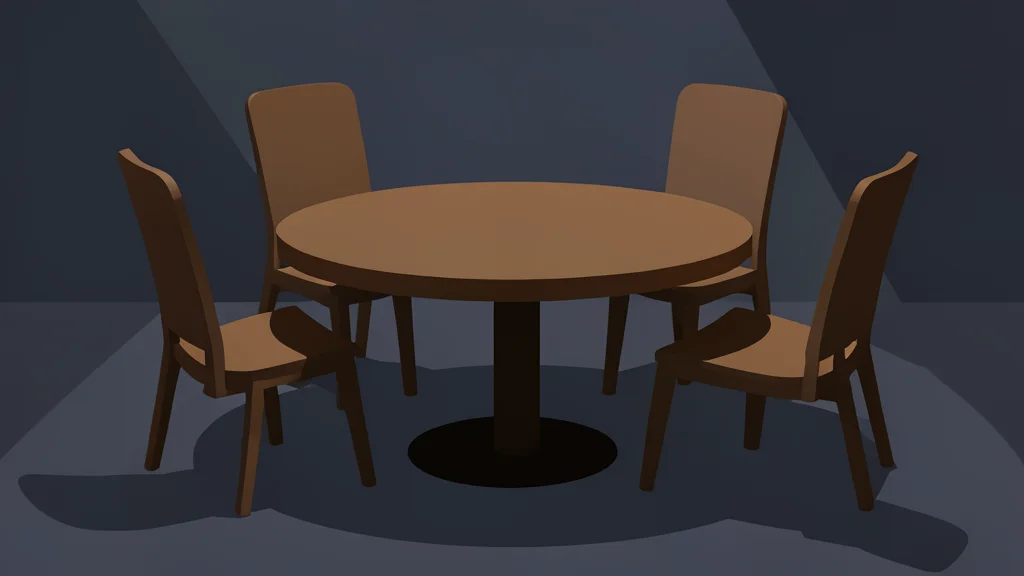 A round wooden table with empty chairs arranged around it in a dimly lit room