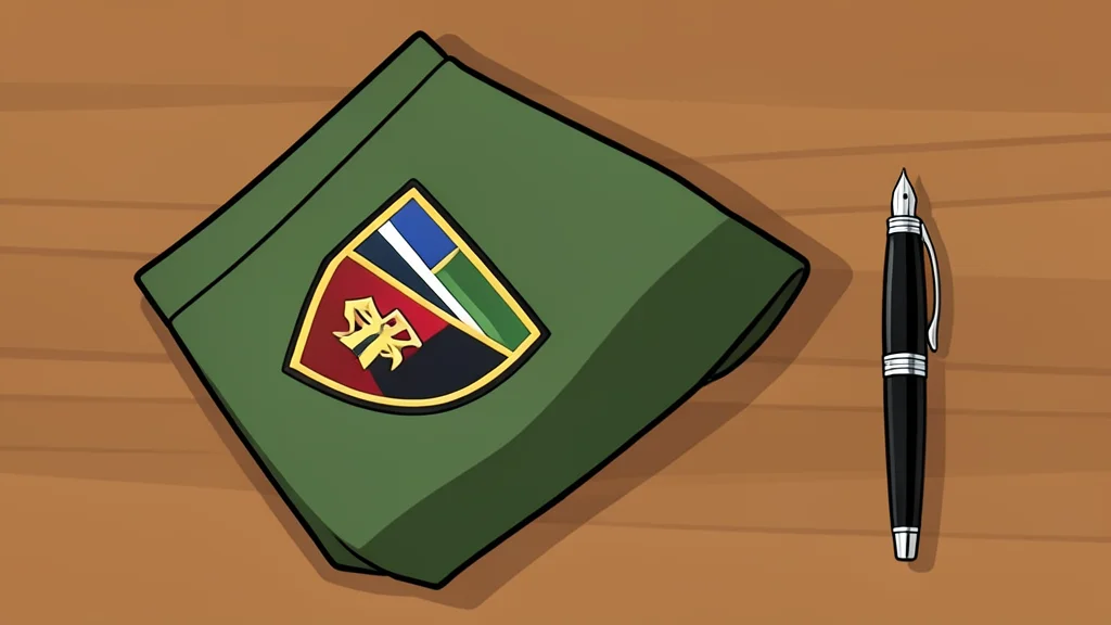 A military uniform sleeve with a patch resting on a wooden desk next to a fountain pen