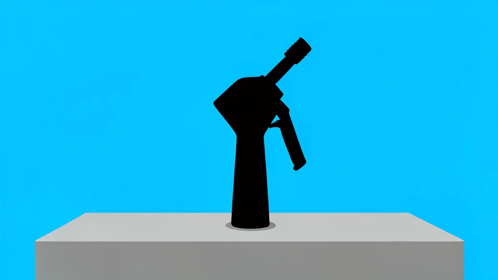 A gas pump nozzle resting on a concrete island under a bright sky
