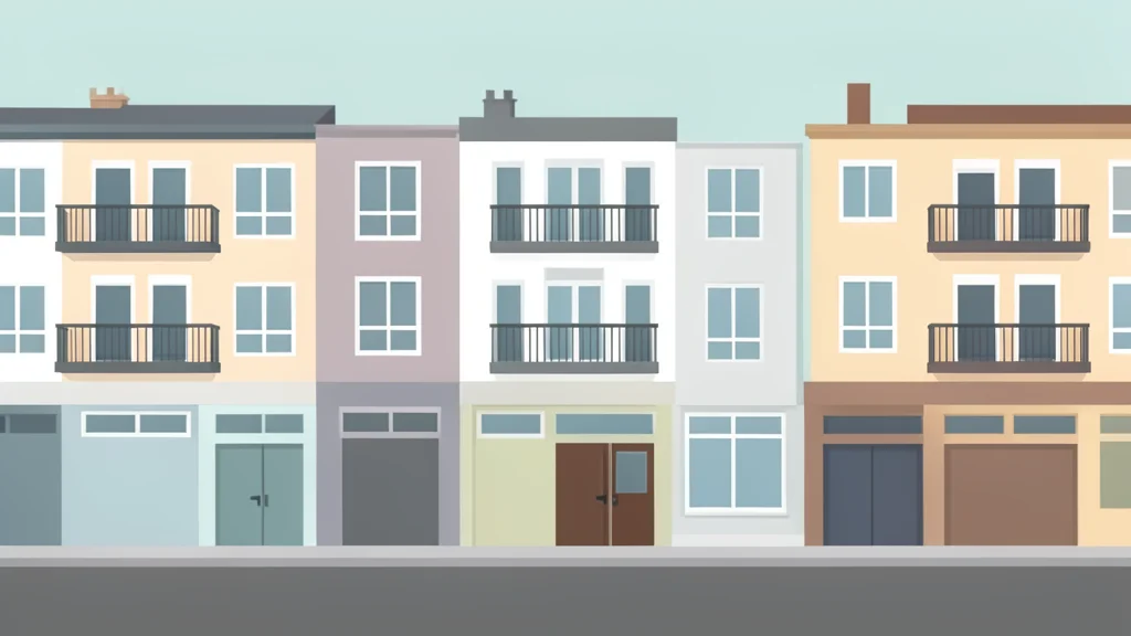 A flat vector illustration of a row of multi-story apartment buildings with balconies and windows, viewed from street level.