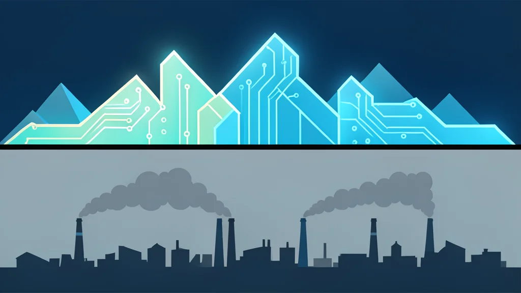 A split horizon line separating a bright, rising digital landscape from a dim, industrial skyline