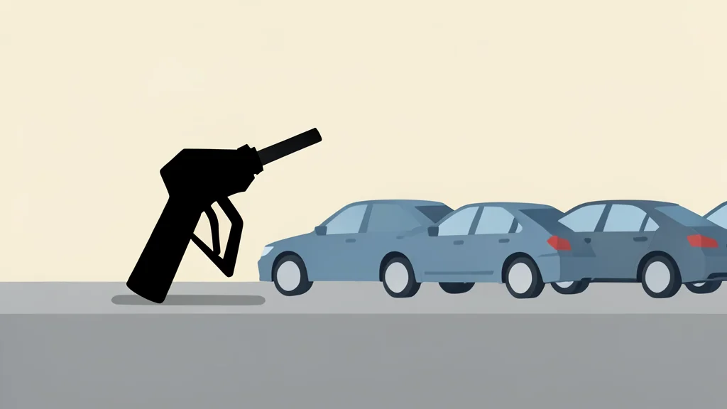 A gas pump nozzle resting on a concrete surface next to a row of parked cars