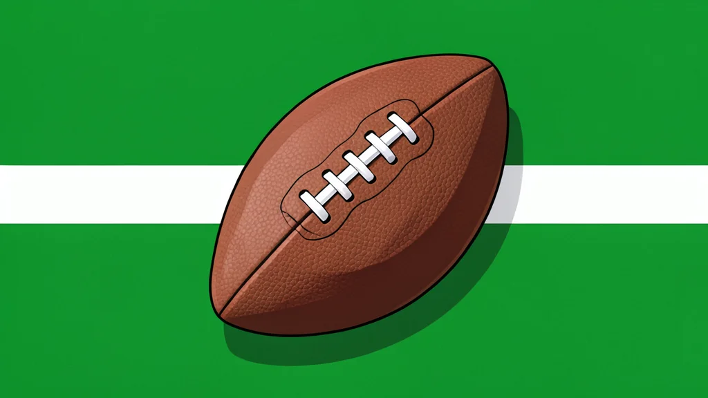 A green grass football field with white yard lines and a brown leather football resting on the turf