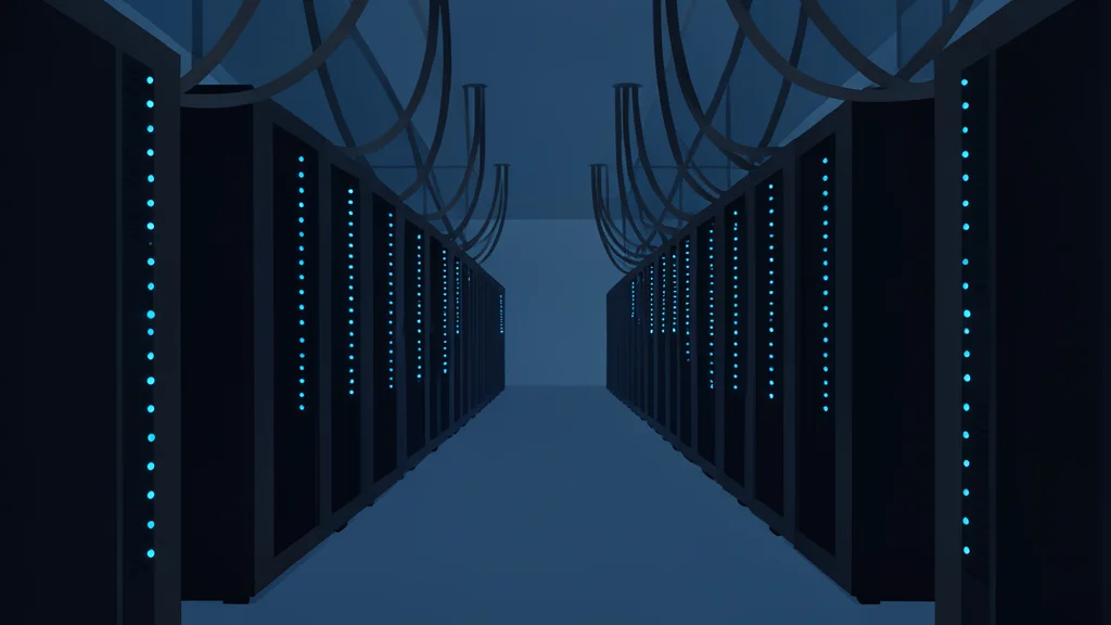 A vast, dimly lit server room with rows of black rectangular units featuring glowing blue status lights, connected by thick bundles of cables running along the floor and ceiling.