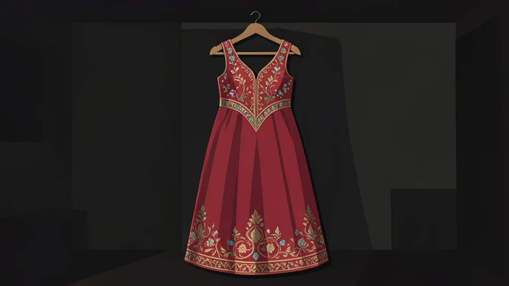 A traditional Persian wedding dress hanging on a wooden hanger in a dimly lit room