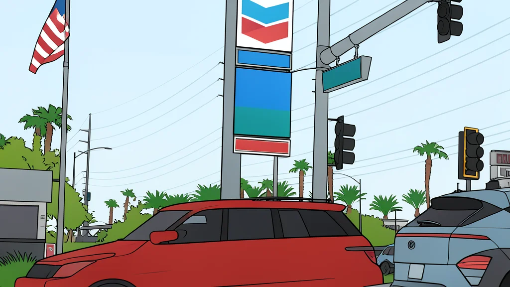 A gas pump nozzle resting on a concrete island under a bright sky