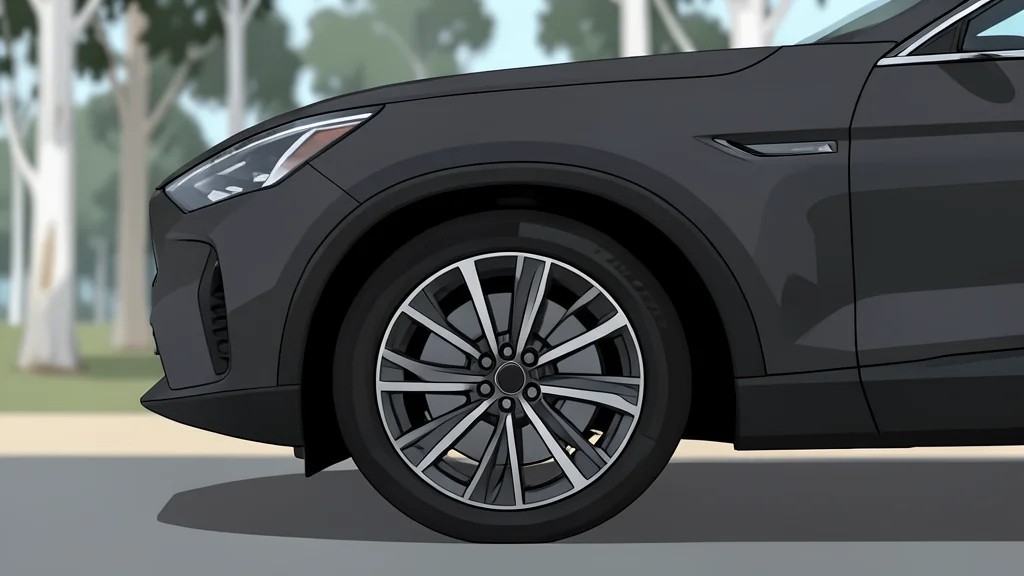 A sleek, dark-colored electric SUV parked on a smooth asphalt road with a blurred background of eucalyptus trees.