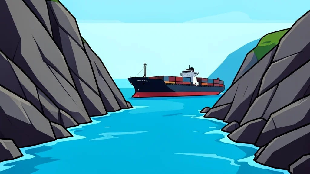 A large cargo ship navigates a narrow waterway between steep rocky cliffs.