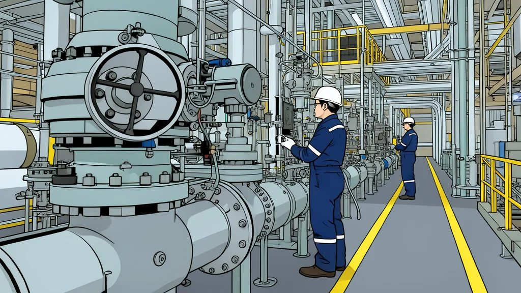 A complex assembly of industrial control valves and piping systems in a factory setting