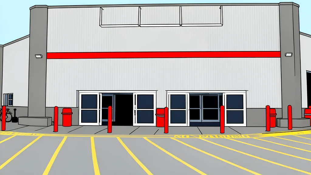 A large warehouse storefront with a row of shopping carts parked outside