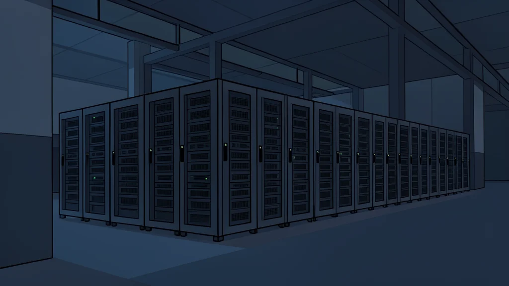 A row of server racks inside a large, dimly lit industrial facility