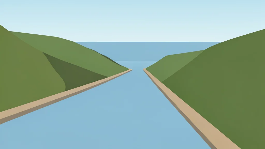 A long, straight waterway cutting through a green mountainous landscape, connecting a wide river to a calm sea horizon.