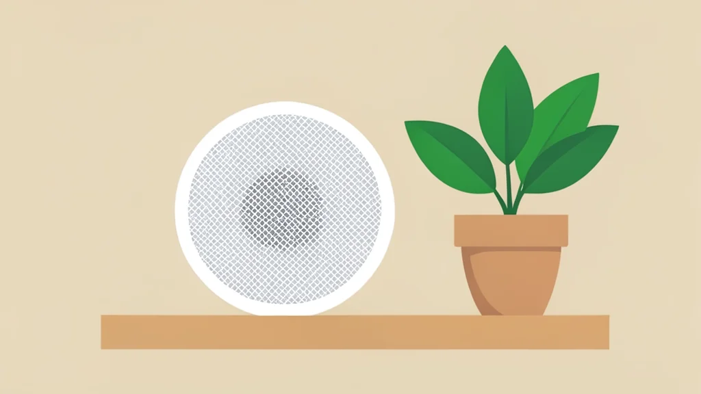 A white, circular smart speaker sitting on a wooden shelf next to a potted plant