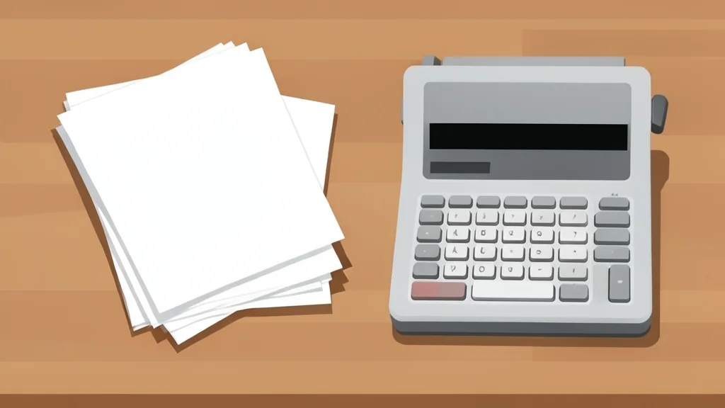 A wooden desk holding a stack of paper bonds and a calculator.