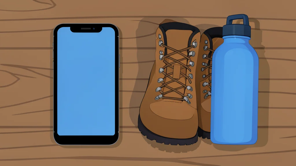 A smartphone resting on a wooden table next to a pair of hiking boots and a water bottle